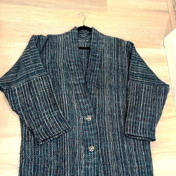 OOAK Vintage sweater overcoat oversized lagenlook RARE teal plaid pockets unique - Picture 8 of 11